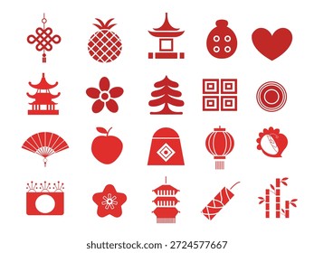 Chinesische Neujahrselemente. Asiatisches Neujahr rot dekorative Muster und Laternen, Blumen, Fächer und Ornamente traditionellen orientalischen Stil Vektorsatz, chinesischer Hintergrund