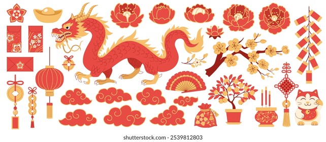 Chinese New Year elements collection. Lunar New Year set. Dragon, decorative elements - flowers and clouds, firecrackers, traditional symbols of luck and prosperity - coins, knots, maneki neko.