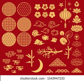 Chinese new year elements. Festive asian ornaments, patterns in oriental style. Clouds, moon and bamboo, sakura and lotus flower vector golden asia decoration set