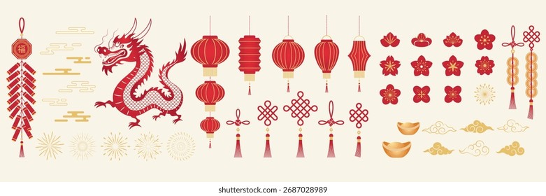Chinesische Neujahrselemente. Geometrische Symbole, Symbol für das Festival. Vektorgrafik von Drachen, Laternen, Blumen, Feuerwerk, Wolke, Feuerwerkskörper. Goldene Schablonen Rahmen, Karte.

