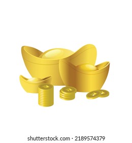 Chinese new year elements gold  sycees ingots of different sizes with gold coins piles isolated vector illustration clipart. Different sizes of boat shaped yuanbao.