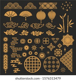 Chinese new year elements. Golden asian traditional pattern, cloud and decorative flower. Oriental lanterns, bamboo stem and fan vector set