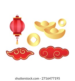Elementos chinos del Año Nuevo que incluyen linternas, lingotes de oro, monedas y nubes de la suerte. Ilustración plana simple perfecta para diseños festivos, decoraciones navideñas, gráficos infantiles y proyectos de celebración.