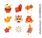 Chinese new year elements in modern minimalist geometric style. Colorful illustration in flat vector cartoon style. Cute chinese objects, elements on white isolated background. Dragon year.