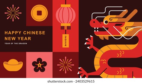 Chinese new year elements in modern minimalist geometric style. Colorful illustration in flat vector cartoon style. Dragon in geometrical patterns.