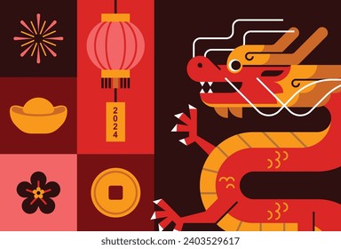 Chinese new year elements in modern minimalist geometric style. Colorful illustration in flat vector cartoon style. Dragon in geometrical patterns.