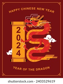 Chinese new year elements in modern minimalist geometric style. Colorful illustration in flat vector cartoon style. Dragon in geometrical patterns.