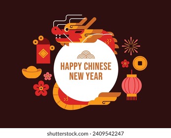 Chinese new year elements in modern minimalist geometric style. Colorful illustration in flat vector cartoon style. Dragon in geometrical patterns.Wallpaper