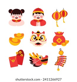 Chinese new year elements in modern minimalist geometric style. Colorful illustration in flat vector cartoon style. Cute chinese objects, elements on red isolated background. Dragon year.