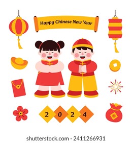 Chinese new year elements in modern minimalist geometric style. Colorful illustration in flat vector cartoon style. Cute chinese objects, elements on white isolated background. Dragon year.