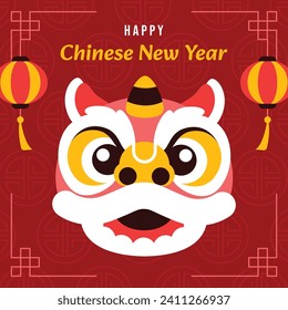 Chinese new year elements in modern minimalist geometric style. Colorful illustration in flat vector cartoon style. Cute chinese new year banner, post on chinese pattern background. Dragon year.