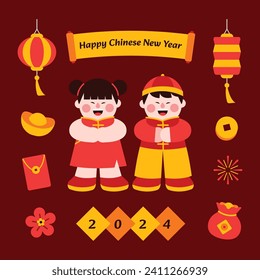 Chinese new year elements in modern minimalist geometric style. Colorful illustration in flat vector cartoon style. Cute chinese objects, elements on red isolated background. Dragon year.