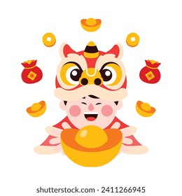 Chinese new year elements in modern minimalist geometric style. Colorful illustration in flat vector cartoon style. Cute chinese objects, elements on white isolated background. Dragon year.