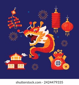 Elementos de año nuevo chino en estilo geométrico minimalista moderno. Ilustración colorida en estilo de dibujos animados de vector plano. Dragón en patrones geométricos.