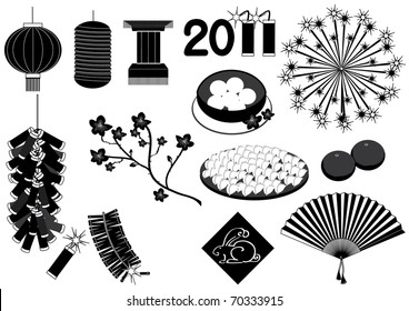 Chinese new year elements on white for celebrations.Vector black silhouettes