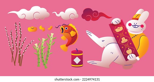 Chinese New Year elements of rabbit in traditional costume showing off red couplet, oriental clouds, bamboo sticks, firecracker, and jumping goldfish on pink background.