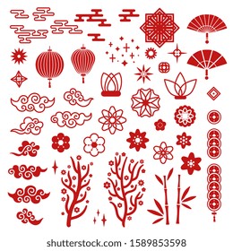 Chinese new year elements. Red asian traditional pattern, cloud and decorative lotus flower. Oriental lanterns, sakura and fan vector set