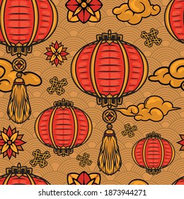 Chinese New Year elements seamless pattern in vintage style with lanterns flowers clouds and endless knots on decorative waves background vector illustration
