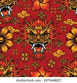 Chinese New Year elements seamless pattern in vintage style with fantasy dragon head decorative flowers clouds endless knots vector illustration