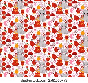 chinese new year elements seamless pattern 2035 rabbit bunny. Lantern lunar festival vector graphic line illustration
