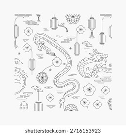 Chinese new year elements seamless pattern. Dragons lanterns and floral motifs. Thin line style.
