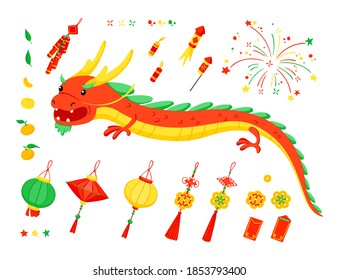 Chinese New Year elements set. Asian annual festival celebration,  Traditional China holiday symbols. Oriental Lunar New Year vector illustrations
