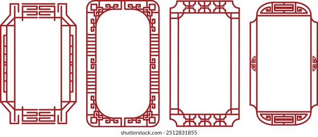 Conjunto de Elementos del año Nuevo chino. Marco de frontera festivo chino, flor de la flor, arte tradicional chino de Papercut y arco aislado sobre fondo blanco. Conjunto de Anuncio chino. Festival de mediados de otoño