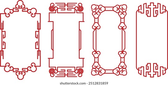 Conjunto de Elementos del año Nuevo chino. Marco de frontera festivo chino, flor de la flor, arte tradicional chino de Papercut y arco aislado sobre fondo blanco. Conjunto de Anuncio chino. Festival de mediados de otoño