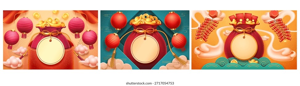 Conjunto de Elementos chinos del Año Nuevo. Bolsas de Vector y bolsas llenas de oro y monedas decoradas con faroles, fuegos artificiales y nubes. Decoraciones festivas de vacaciones para CNY. Símbolos de prosperidad y suerte