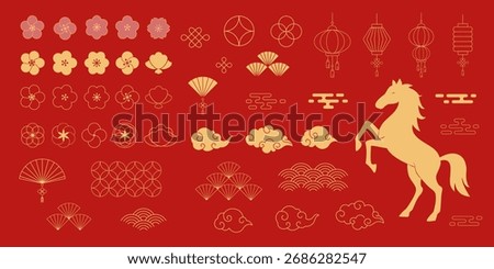 Chinese new year elements. Traditional oriental ornaments. China festival, new year celebrations. Asian festive flowers, clouds, ornaments, lantern. Lunar vector symbols set