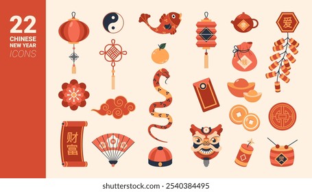 Chinese new year elements. Vector isolated set of icons. Hieroglyph of love and wealth, spirituality. Paper lanterns and fan, serpent snake and golden coins, drums and mask of dragon, yin yang