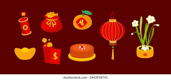 chinese new year elements,clipart. Chinese words fook on mandarin means "Luck". fire cracker, gold, lucky bag, red packet. rice cake, lantern, narcissus, flower. lunar new year traditional festival.
