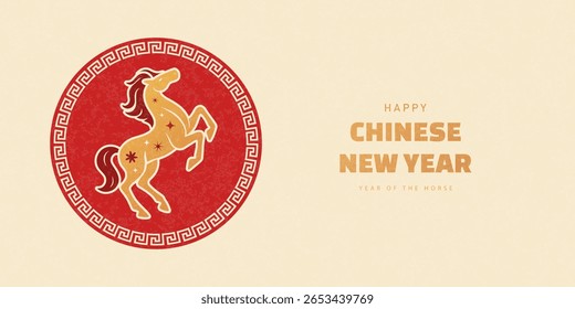 Chinese New Year emblem with a stylized golden rearing horse. Zodiac animal symbol for the Year of the Horse 2026 in a red circle with a traditional meander pattern on a textured background, vector 
