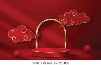  chinese new year with empty podium display on dark red light studio room design background