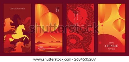 Chinese New year envelope design vector set. Modern new year red card with horse, lantern, dragon, mountain. Illustration for flyer, brochure, social media, banner, poster, ads.