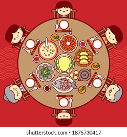 Chinese New Year Eve, Family Reunion Dinner Vector Illustration with delicious dishes in round table.