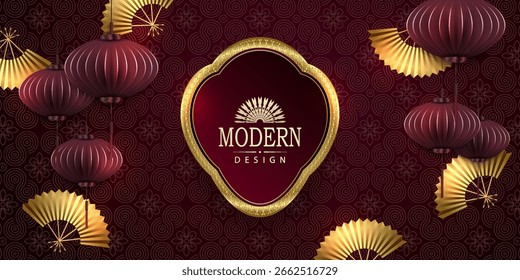 Chinesisches Neujahr. Exquisiter Hintergrund mit goldenen Lüftern und mit isoliertem Figurrahmen