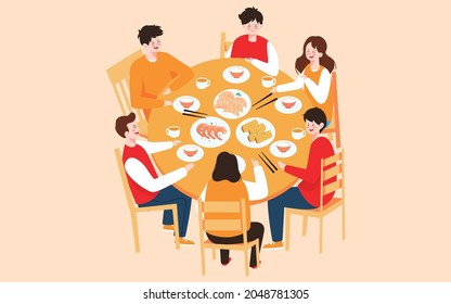 Chinese new year family dinner illustration family eat reunion dinner holiday poster