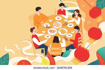 Chinese new year family dinner illustration family eat reunion dinner holiday poster