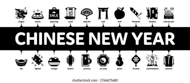 Chinese New Year Feast Minimal Infographic Web Banner Vector. Chinese Traditional Hat And Clothes, Dragon And Gate, Lantern And Fireworks Illustration