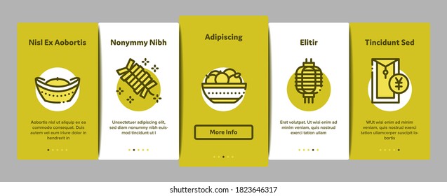Chinese New Year Feast Onboarding Mobile App Page Screen Vector. Chinese Traditional Hat And Clothes, Dragon And Gate, Lantern And Fireworks Color Illustrations