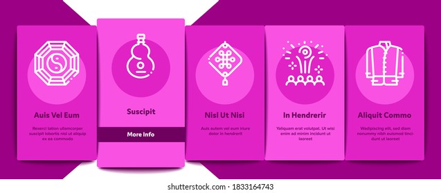 Chinese New Year Feast Onboarding Mobile App Page Screen Vector. Chinese Traditional Hat And Clothes, Dragon And Gate, Lantern And Fireworks Color Illustrations