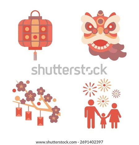 Chinese New Year, featuring a lantern, lion dance head, plum blossoms with red envelopes, and a family watching fireworks.