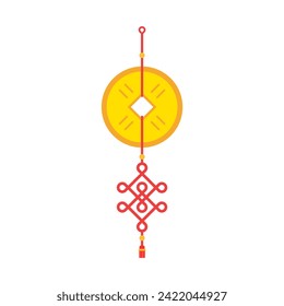 chinese new year feng shui coins batch red ribbon. Chinese hanging talisman with red knot, ancient Feng Shui coins and tassels. Asian traditionsl. New Year symbol of good fortune