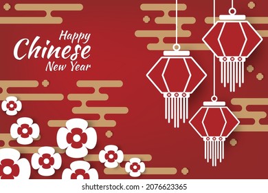 Chinese New Year festival banner design with lamps, flower and clouds on red background with Happy Chinese New Year text. Vector illustration.