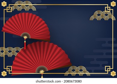 Chinese New Year festival banner design with red folding fans with golden frame and flowers on dark blue background for your copy space. Vector illustration.