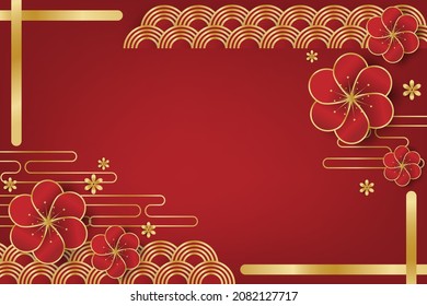 Diseño de pancartas del festival chino de Año Nuevo con flores y nubes de fondo rojo para tu espacio de copias. Ilustración vectorial.