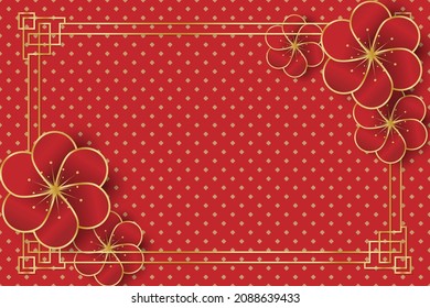 Chinese New Year festival banner design with red flowers and glod frame on red pattern background for your copy space. Vector illustration.