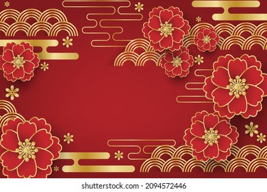 Diseño de pancartas del festival chino de Año Nuevo con flores y nubes de fondo rojo para tu espacio de copias. Ilustración vectorial.