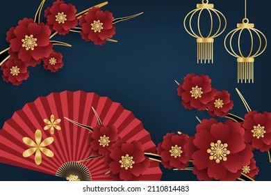 Chinese New Year festival banner design with red folding fans with golden lantern and flower branches on dark blue background for your copy space. Vector illustration.